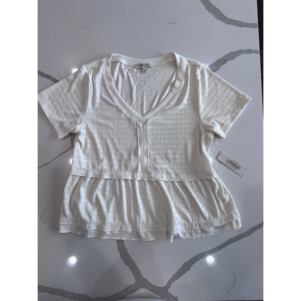 Atelier by Kirious Blouse Women's Large V-Neck Short Sleeve Ruffle Casual Ivory‎
